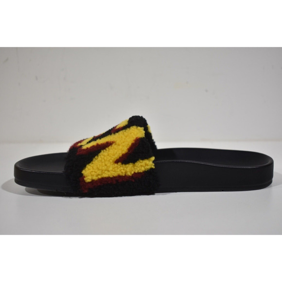 Fendi Mens Shearling Fur Logo Yellow Red Black Flat Slide Sandal Flip Flop 7 - Picture 7 of 12